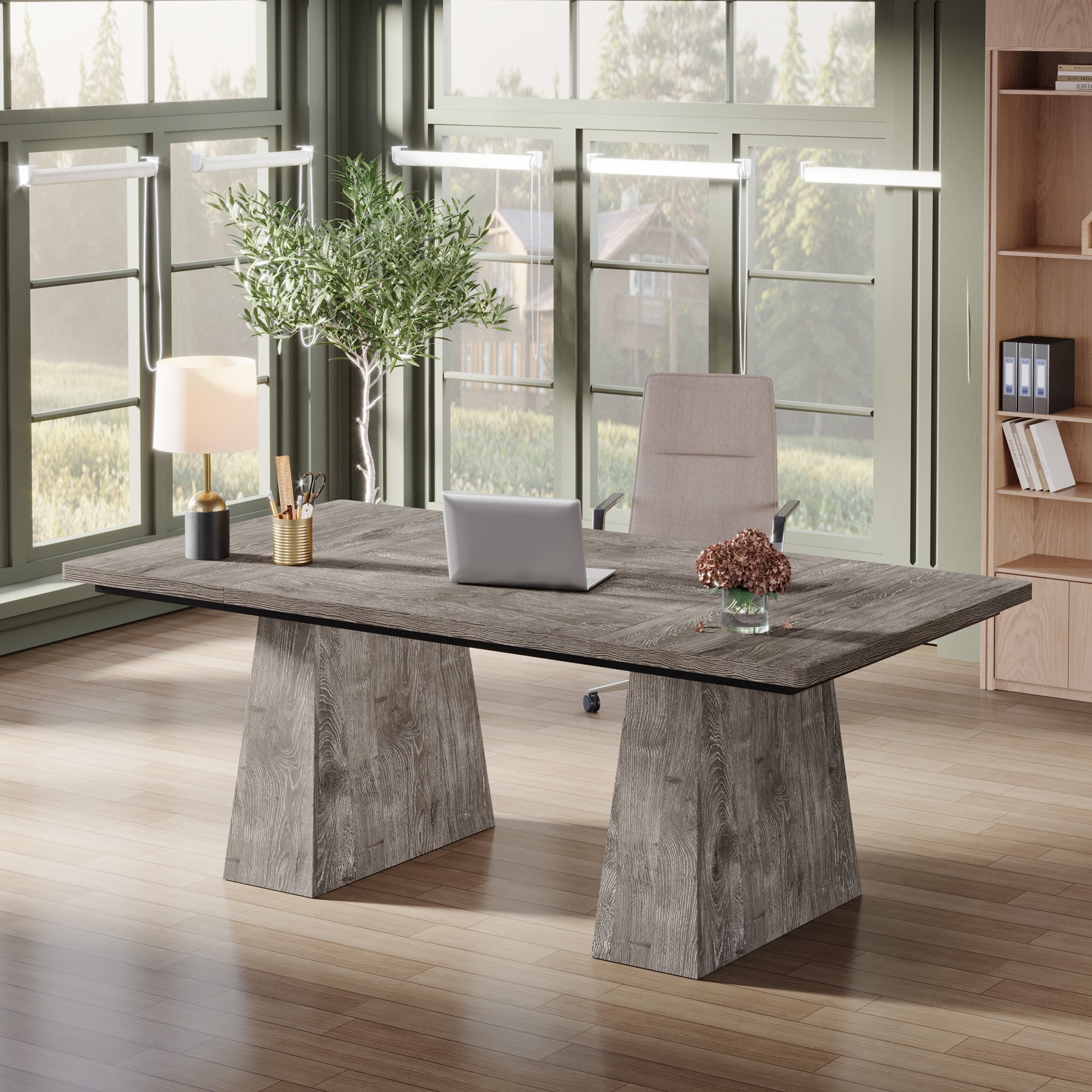 Tribesigns 63" Executive Desk, Modern Office Computer Desk with Double Pedestal, Large Simple Workstations Writing Table Conference Table, Grey