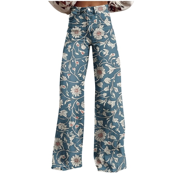 Floleo Women's Floral Print High Waist Flare Jeans Denim Look Wide Leg Trousers with Button Fly and Side Pockets Casual Boho Vintage Style Pants for Daily Wear