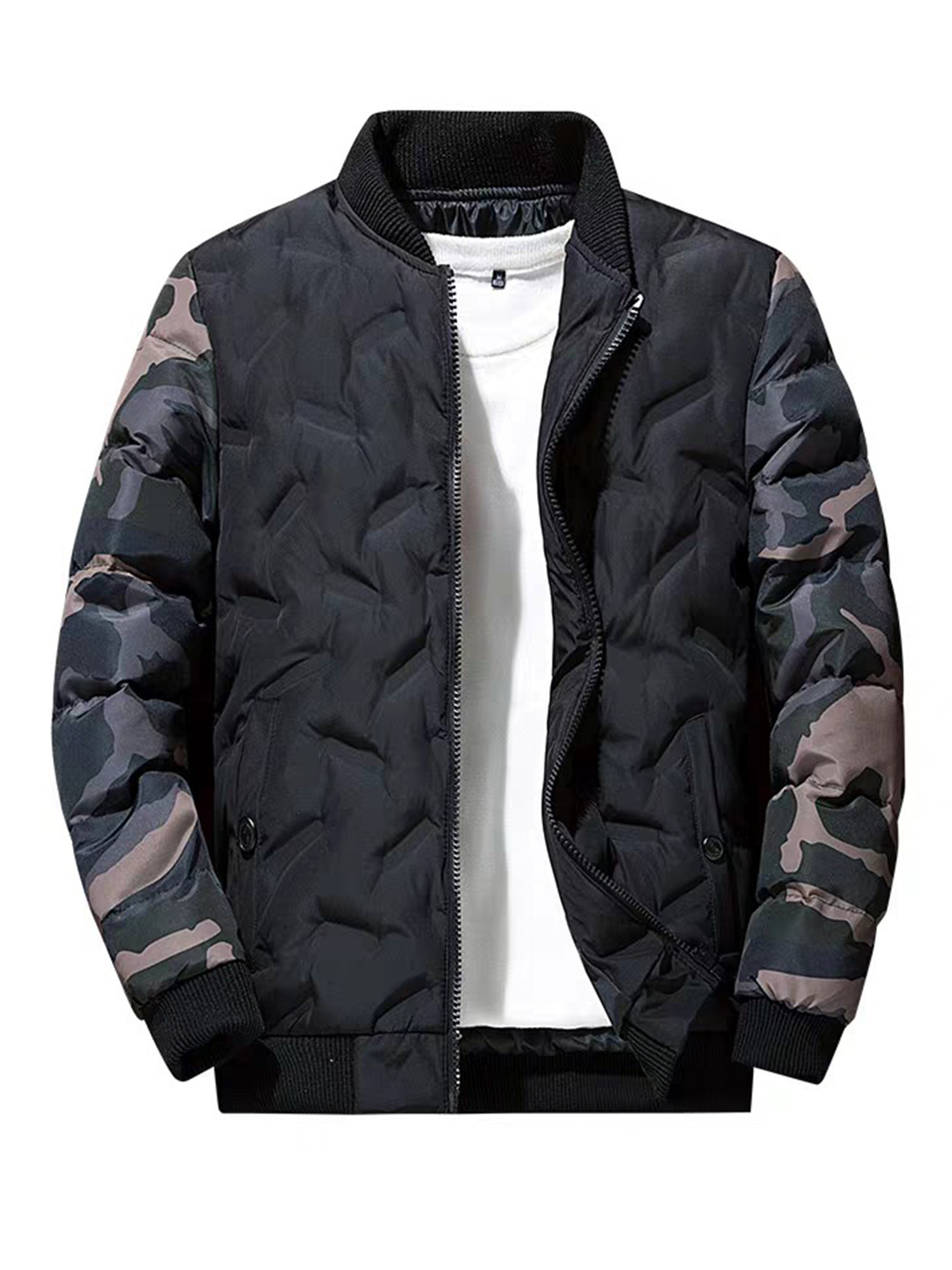 UKAP Mens Full Zip Up Insulated Bomber Jacket Warm Varsity Jacket with Camo Sleeves Stand Collar for Fall Winter - image 4 of 6