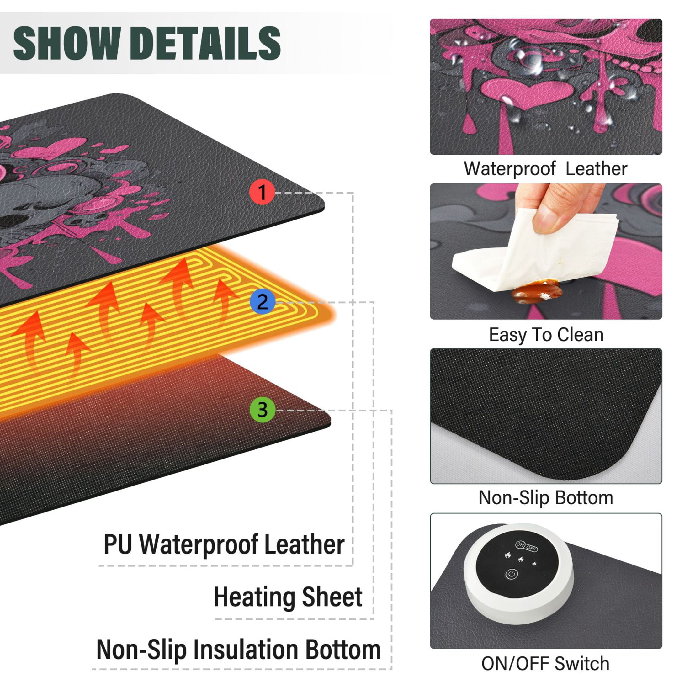 Large Heated Desk Mat Mouse Pad 31.5"x13"PU Leather Graphene Heating Desk Warmer with 3 Temperature Settings 110V US Plug Non-Slip Warm Pad for Home, Office, and Gaming Pink Hearts and Black Skulls