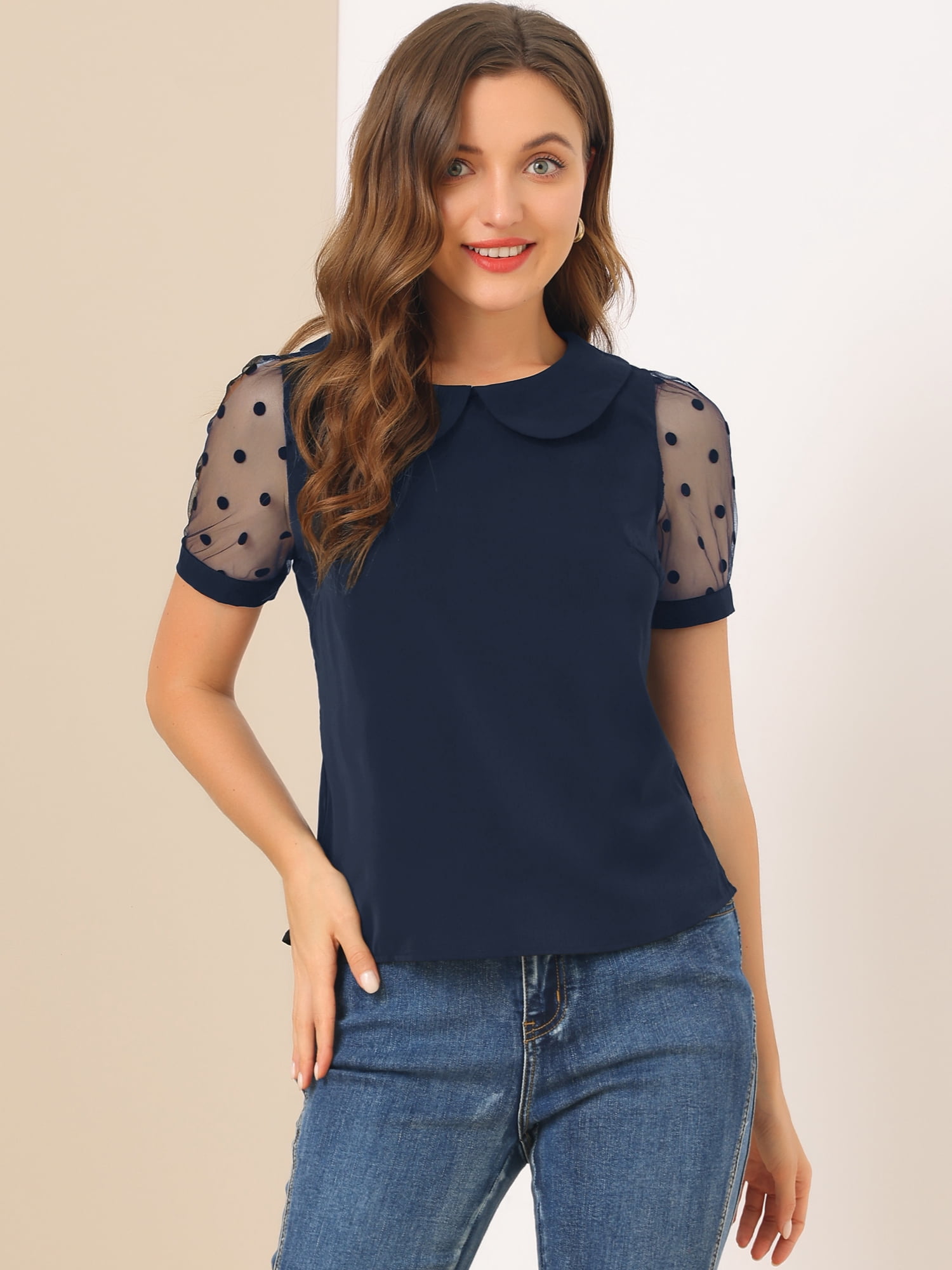 DARING DIVA Women's Polka Dots Mesh Peter Pan Collar Blouses XXL Navy Blue