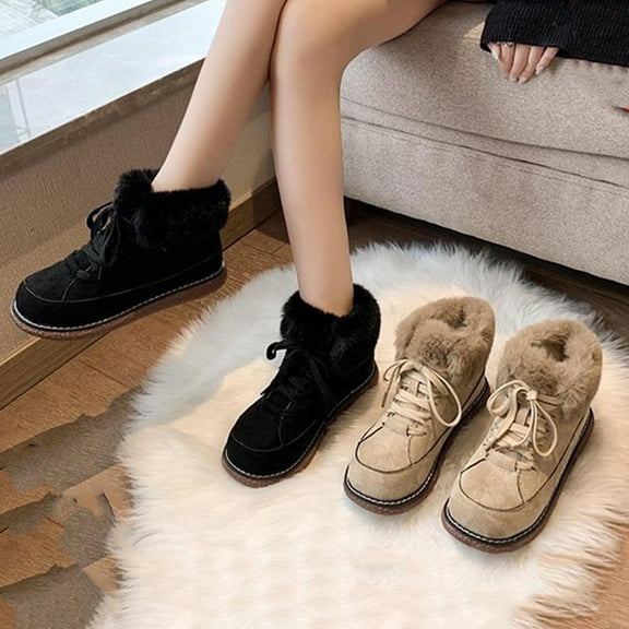 Bmawag Womens Boots Winter Snow Non-Slip Round Toe Flat Heels Lace-Up Mid Calf Ankle Warm Boots Women Casual Comfort Fashion Booties Short Boots Black 35