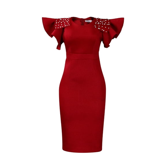 AURA Womens Elegant Beaded Ruffle Sleeve Round Neck Pencil Midi Dress Stretch Office Work Summer