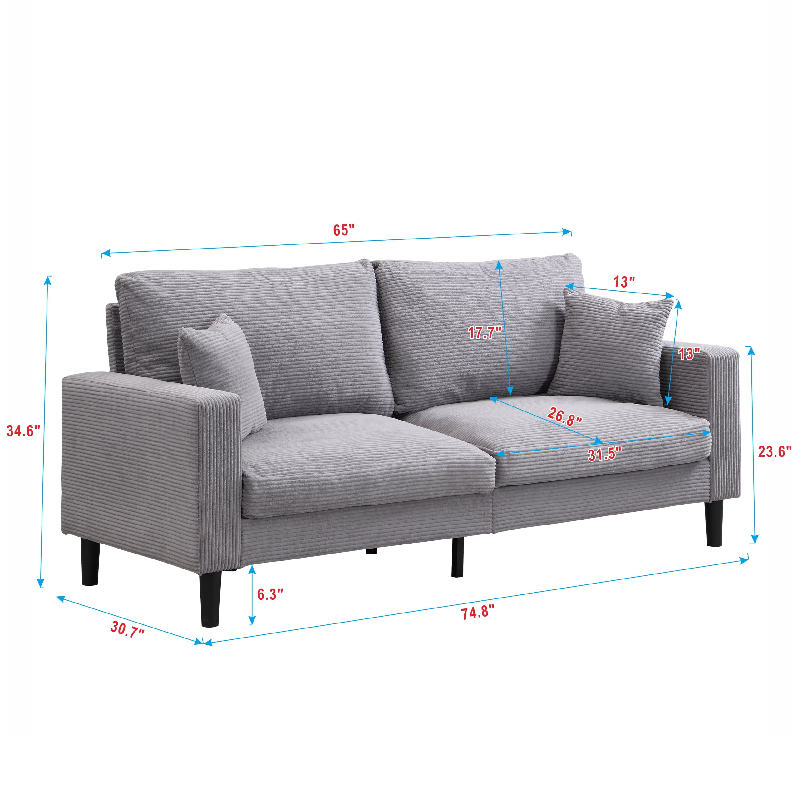 High Resilience 3-Seater Sofa, Wooden Frame, Light Gray, 74.8 Inch Length, 92.4 lbs Weight, Corduroy Upholstery, Modern Design for Living Room Bedroom Apartment Office