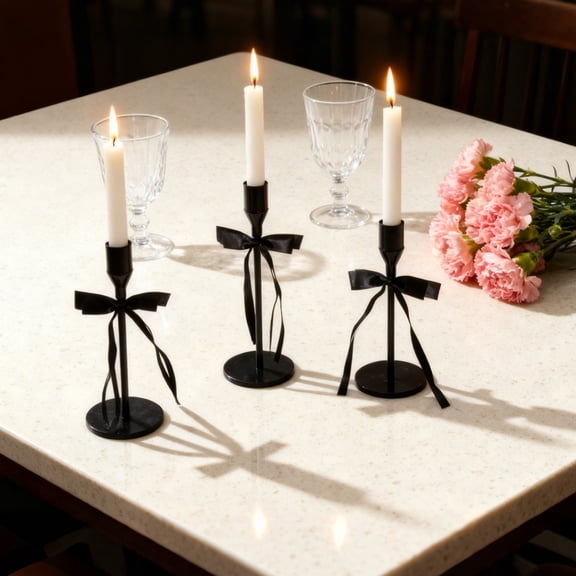 Black Metal Taper Candle Holder with Satin Bow - Gothic Halloween Table Centerpiece, Fall Harvest Indoor Display for Mantel, Home & Holiday Decor