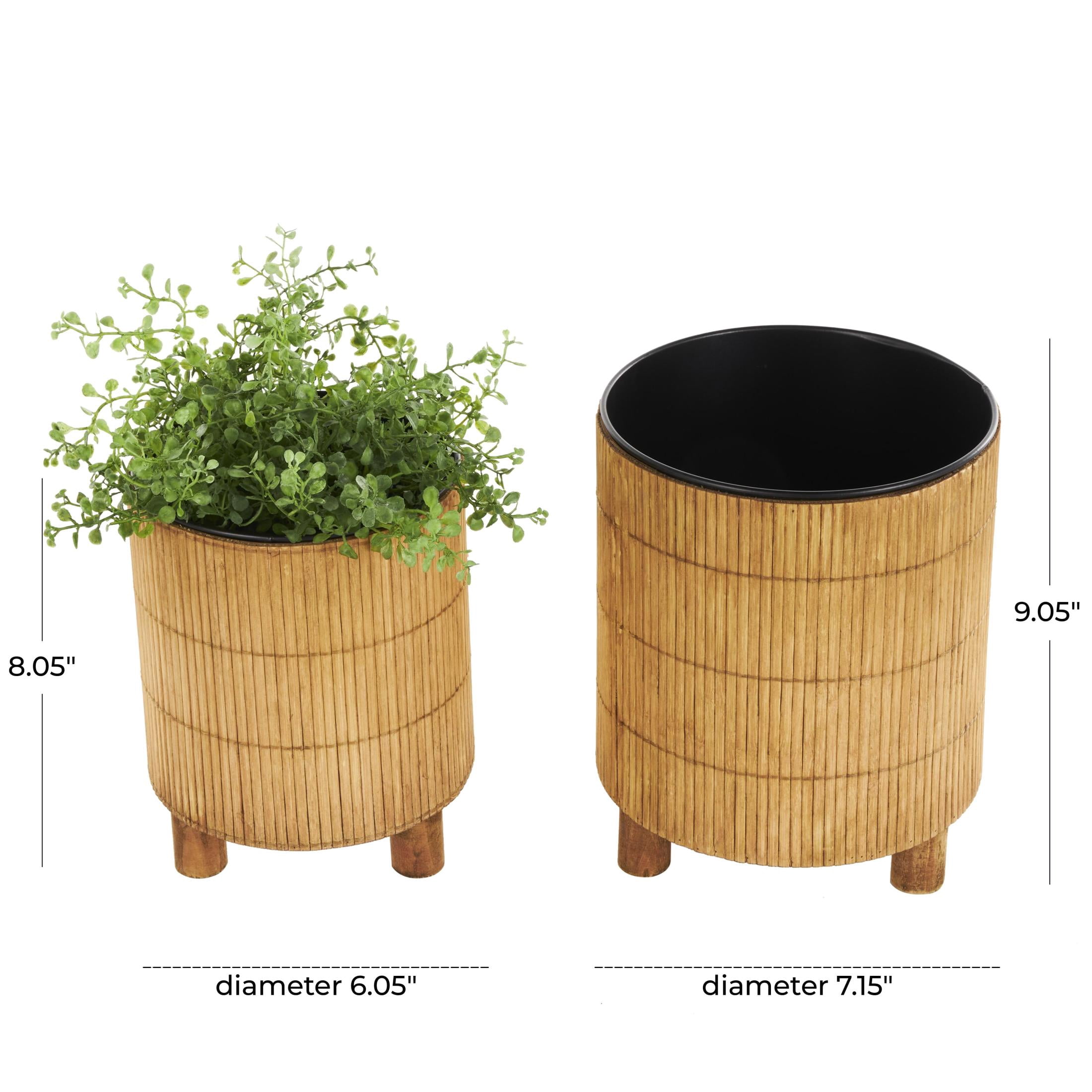 DecMode 9", 8"H Handmade Brown Bamboo Wood Planter with Black Metal Interior (2 Count)