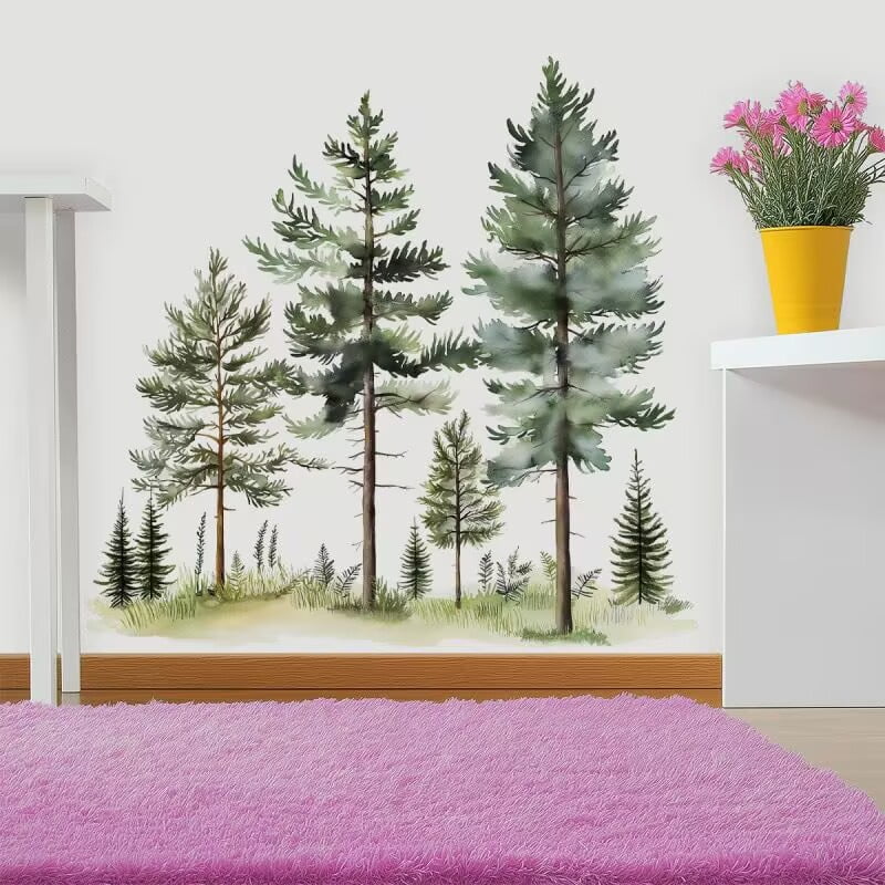 Watercolor Tree Wall Stickers Small Pine Tree Wall Decals Green Tree Wall Window Stickers Removable Forest Tree Wall Decals Peel and Stick Small Tree Wall Decals for Bedroom Living Room