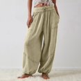 thumbnail image 6 of Womens Casual Loose Fit Wide Leg Cotton Pants Drawstring Stitching Baggy Pants Trousers with Pockets Khaki S, 6 of 8