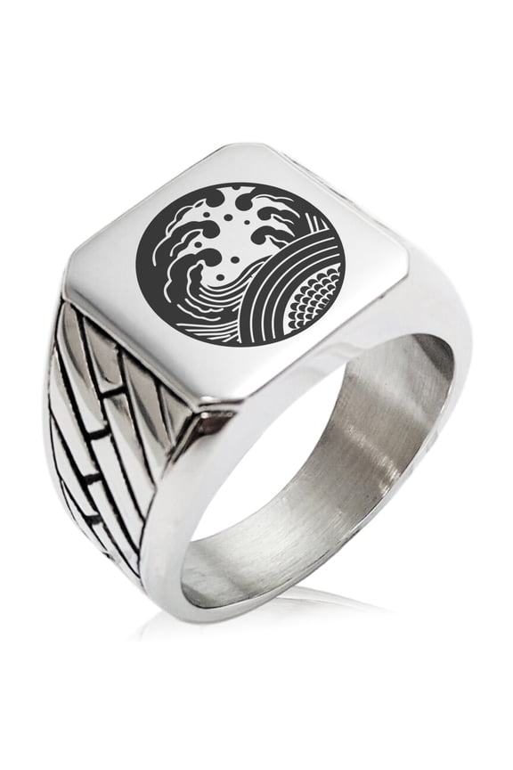 Stainless Steel Ocean Kamon Crest Geometric Pattern Biker Style Polished Ring