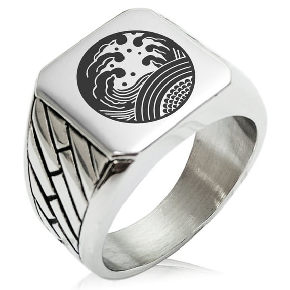 Stainless Steel Ocean Kamon Crest Geometric Pattern Biker Style Polished Ring