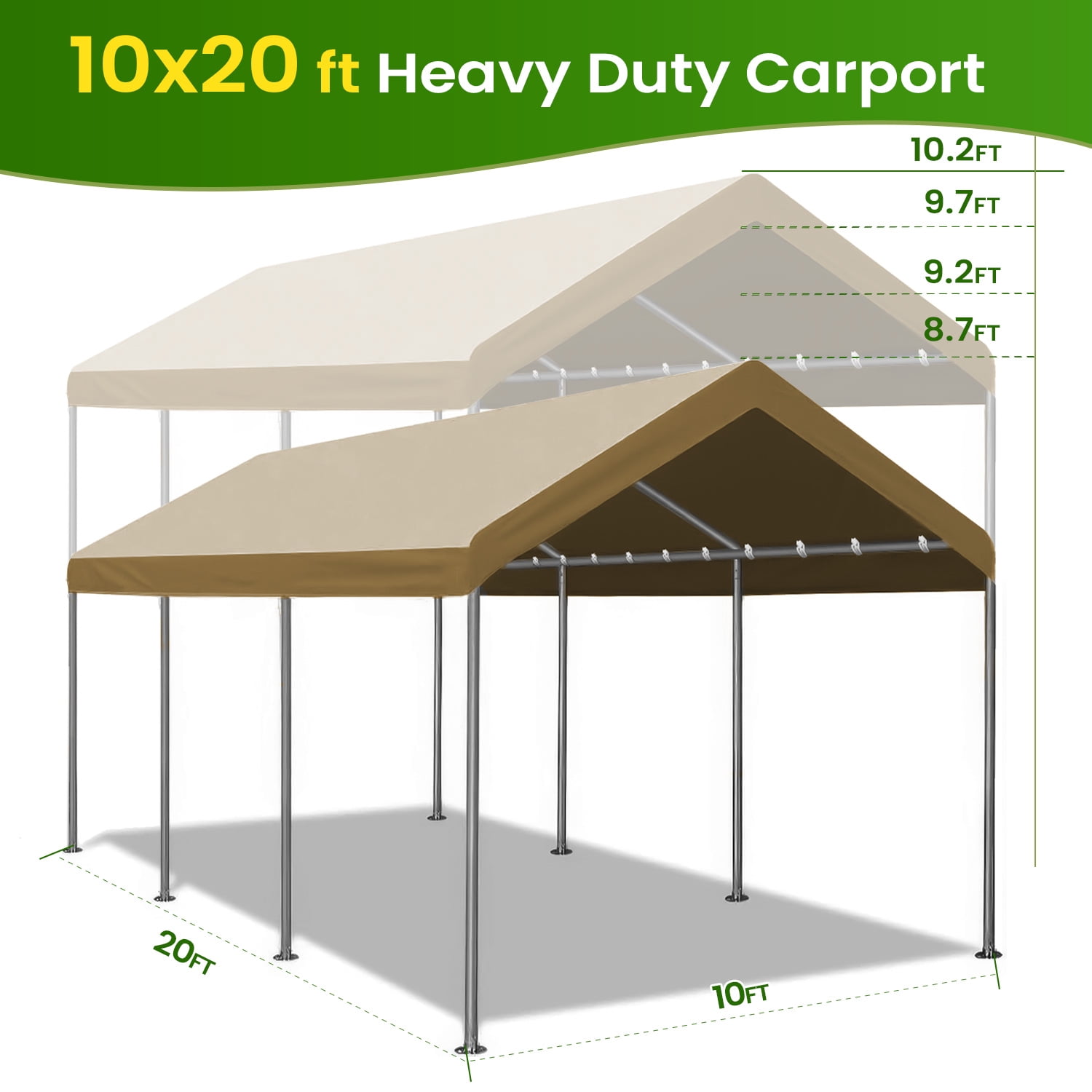 ECOLINEAR Carport 10x20 ft Heavy Duty Carport, Outdoor Potable Garage with 4 Adjustable Height 8.7 ft to 10.2 ft, Carport Canopy Anti UV All-Season Waterproof Tarp, Car Canopy for Trucks, Boats,Yello