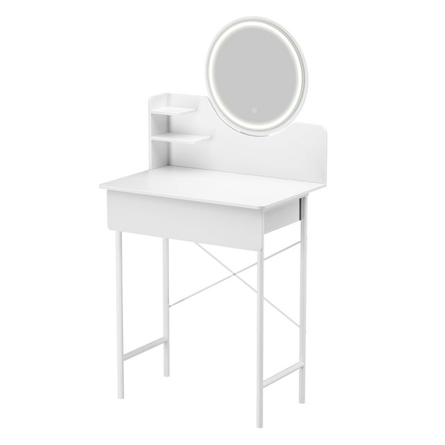 Limorve LED Makeup Vanity Desk with Lighted Mirror, 3-Level Adjustable Brightness, Bedroom Dressing Table with Storage Drawer & Shelves, Space-Saving Modern Design for Women