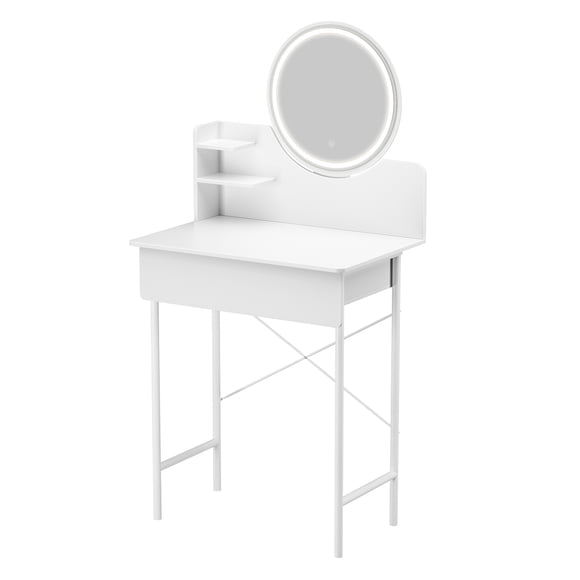Limorve Coiffeuse avec Miroir Éclairé, Luminosité Réglable à 3 Niveaux, Table de Maquillage avec Tiroir de Rangement et Étagères, Design Moderne Gain de Place pour Femmes