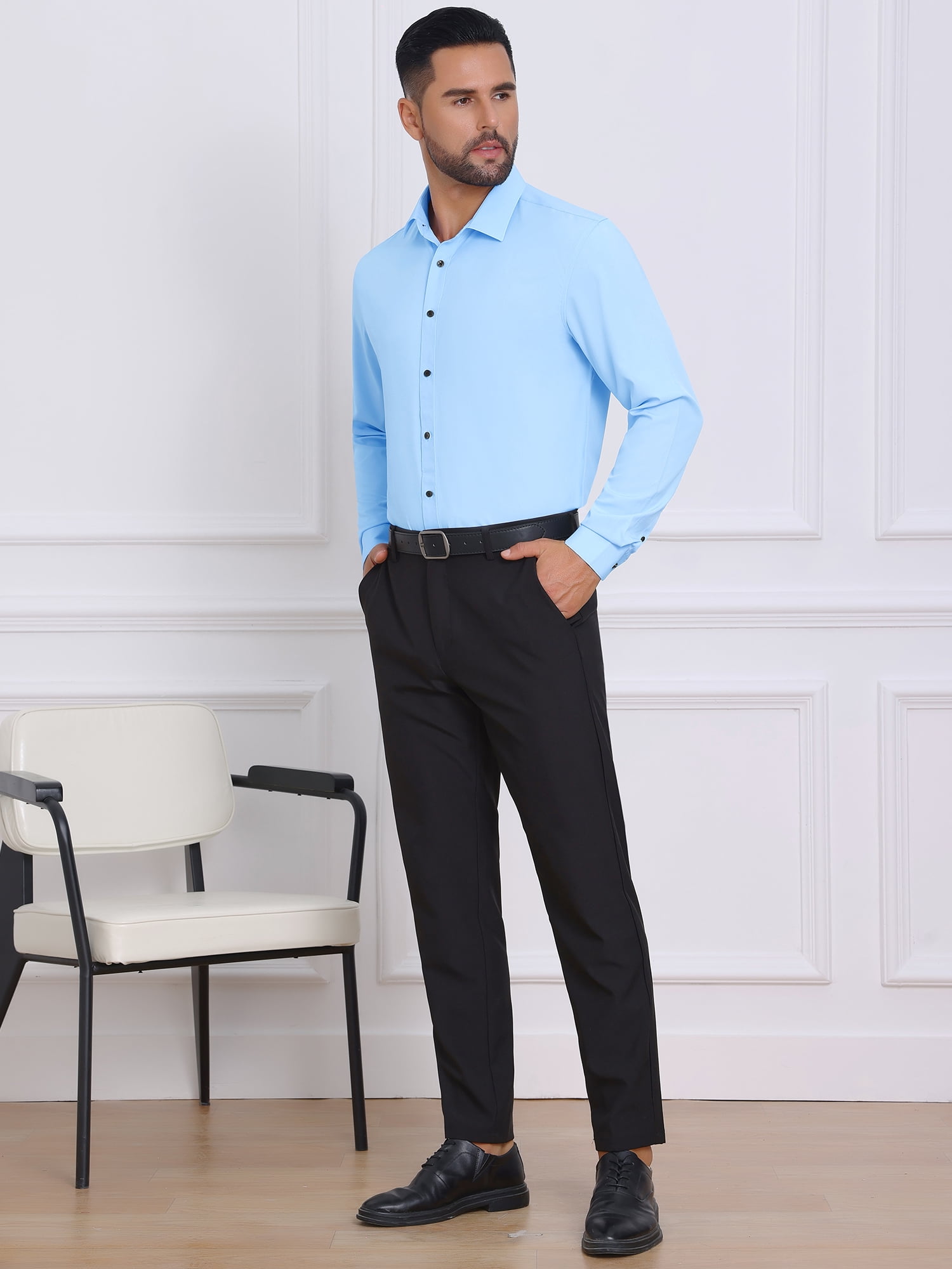 DARING DIVA Men's Solid Color Button Down Long Sleeves Stretch Shirts XL Light Blue