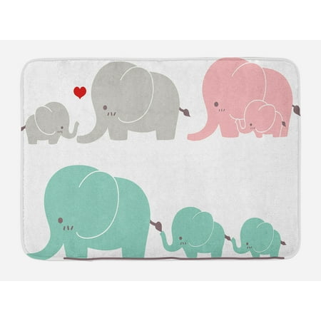 Nursery Bath Mat, Family Love Theme Cute Sweet Elephants Mother's Day Theme Baby Children, Non-Slip Plush Mat Bathroom Kitchen Laundry Room Decor, 29.5 X 17.5 Inches, Seafoam Pale Pink Gray,