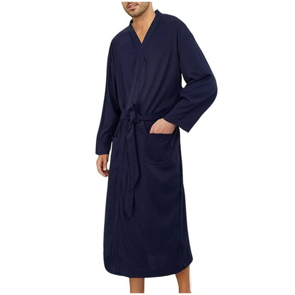 Waffle Long Bathrobe for Men’s Long Sleeve Thermal Nightgown Lounge Warm Velvet Fleece Long Towel Robe Loungewear with Pockets for Mens