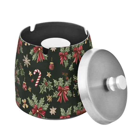 Yayeee Ashtray with Lid for Cigarette Smokeless Stainless Steel Home Ash Holder, Green Christmas Holly