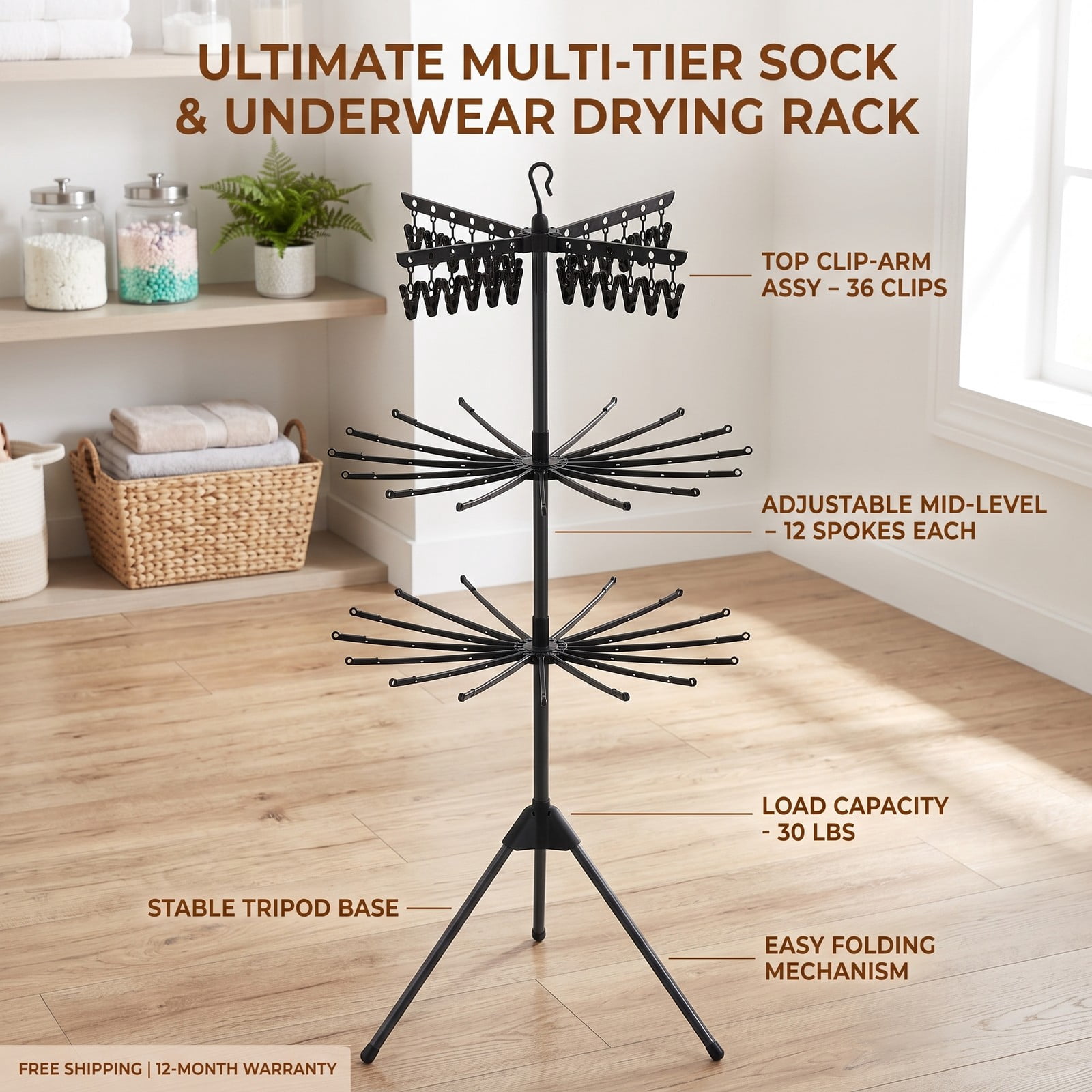 ALPULON 3-Tier Tripod Freestanding Folding Clothes Drying Rack with 24 Clips, 360 Rotating Arms, Detachable Top Hook, Windproof Buckles, Space-Saving Laundry, Black