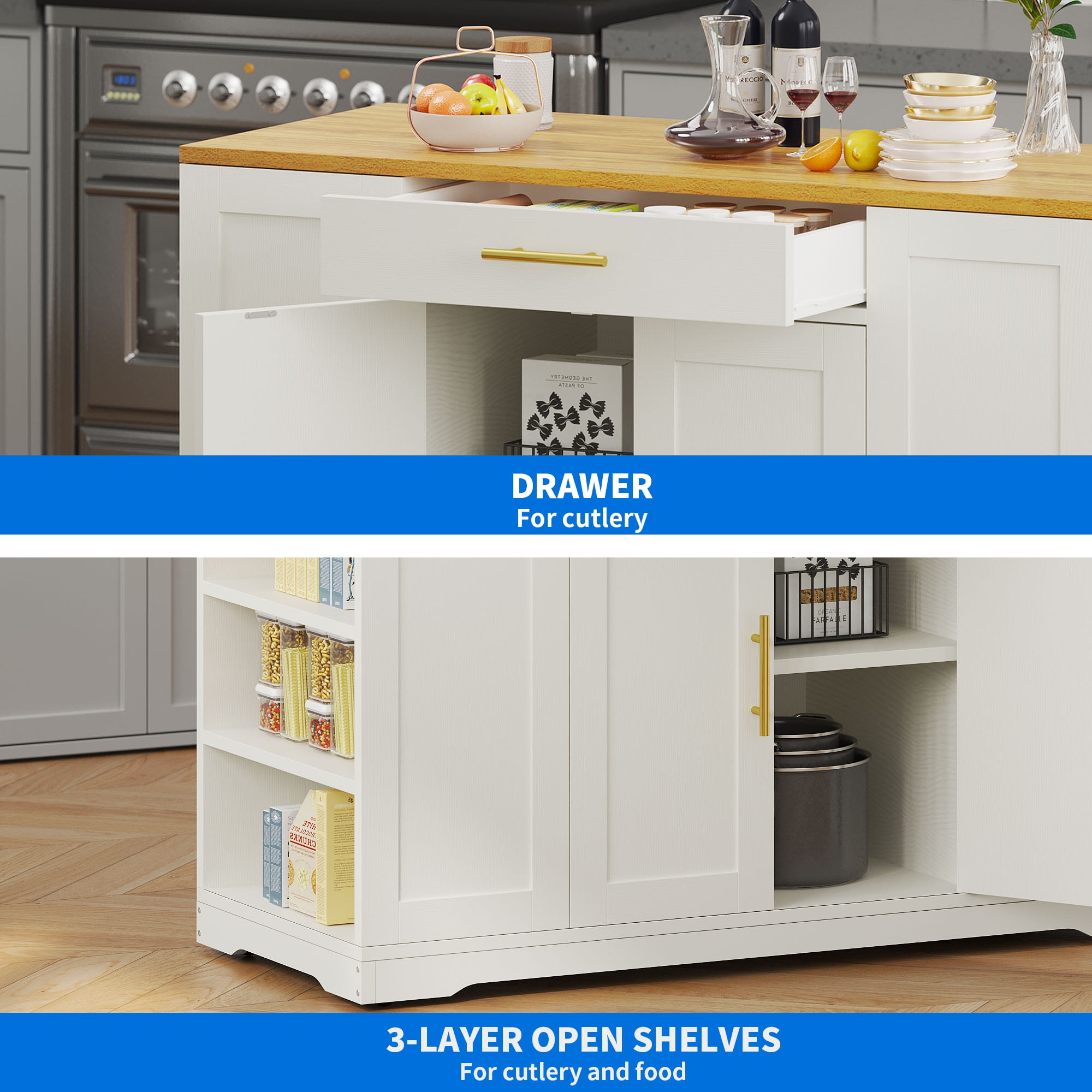 Uforic Rolling Kitchen Island with Wheels & Drawers, Kitchen Storage Cart with Storage Cabinet for 13-Gallon Trash Bin, White