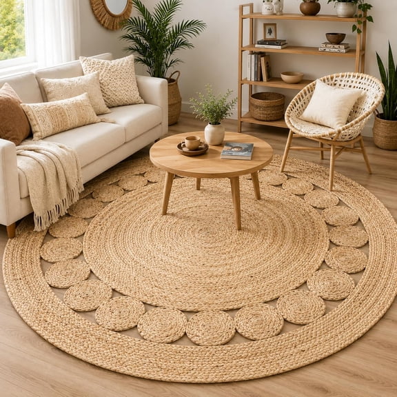 The Wooden Town Large Natural Jute Round Area Rug, Handwoven Braided Boho Farmhouse Living Room Rug, Eco Friendly Natural Fiber Floor Rug – Natural, 8 Feet Round