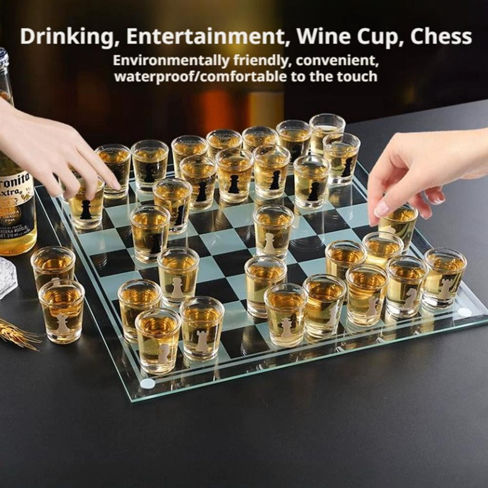 Glass Chess Set with 32 Shot Glasses for Adult Drinking Game and Home Decor