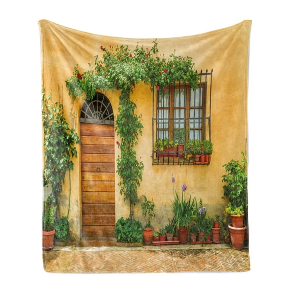 Italy Soft Flannel Fleece Throw Blanket, Porch Different Flowers Pots Fresh Plants City Life in Tuscany Europe, Cozy Plush for Indoor and Outdoor Use, 50" x 70", Apricot Green Brown, by Ambesonne