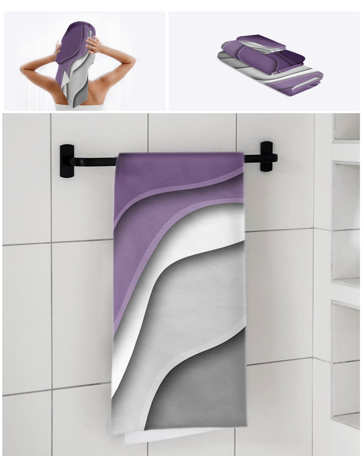 Purple Grey Ombre Bath Towels for Bathroom Set,Luxury Microfiber Towels Gifts for Women,Beach Kitchen Hand Hair Face Towel and Dish Washcloth,Modern Geometric Abstract Aesthetics Cream Towels+Set