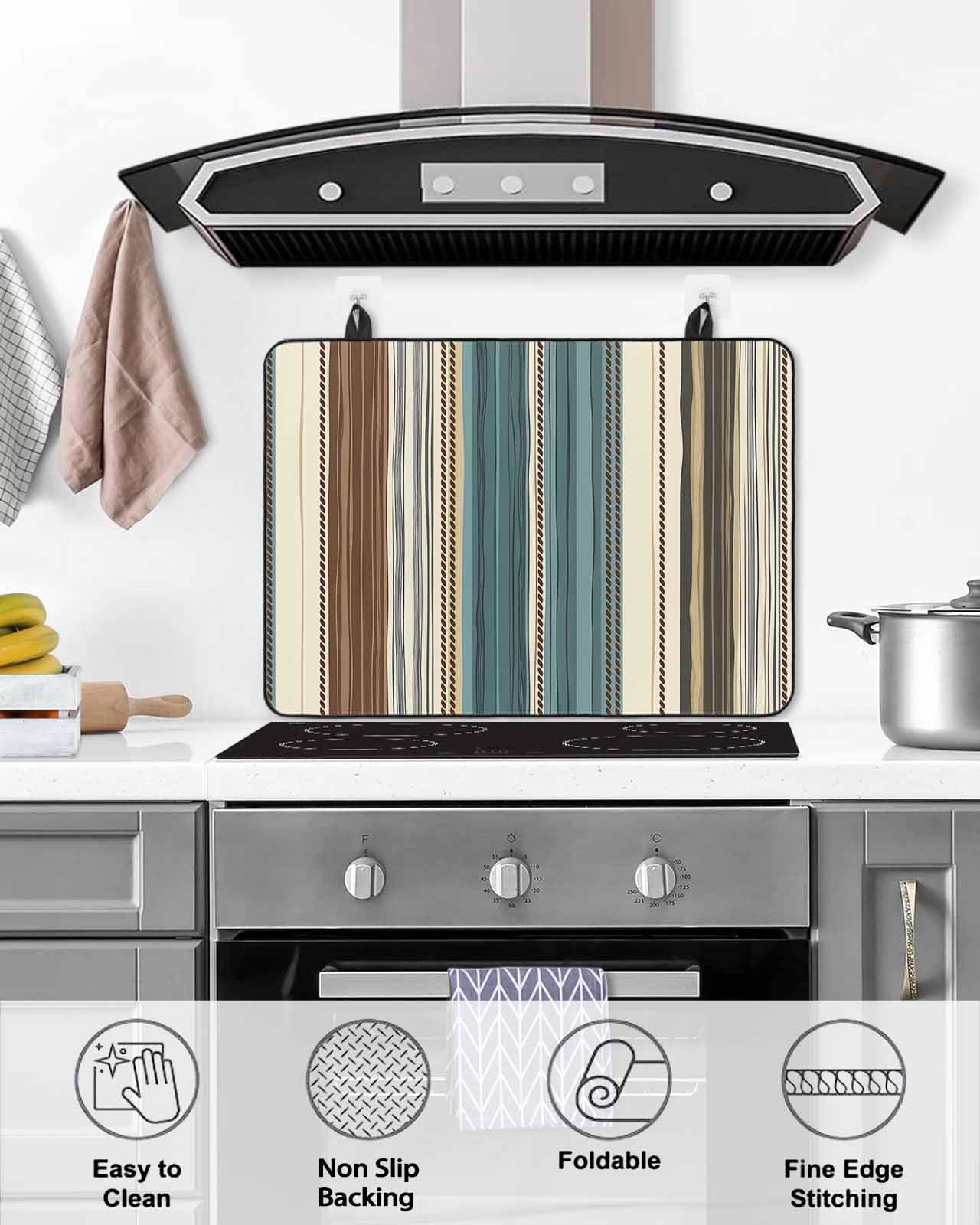 nqOlkjepod Large Induction Cooktop Protector Mat 36"x21", Teal Boho Stripes Stove Top Covers for Electric Stove, Modern Bohemia Brown Beige Texture Stove Burner Cover Mats, Glass Top Stove Cover