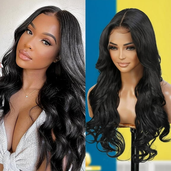 GLAM21USA HD LACE Front Wig Loose Wave 13X6 Transparent Lace Frontal Wigs 27 Inch Human Hair Blend Pre Plucked Swiss Lace Curly Long Synthetic Wig - Bella (1B-OFFBLACK)