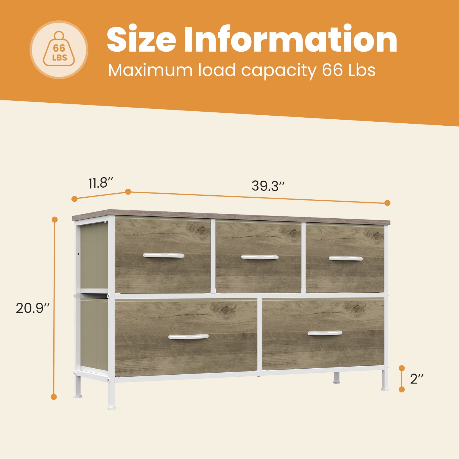 edx 5 Drawers Fabric Dresser for Bedroom, Storage Organizer, Wide Chest of Drawers for Closet, Clothes, TV Stand, Wood Board, Oak