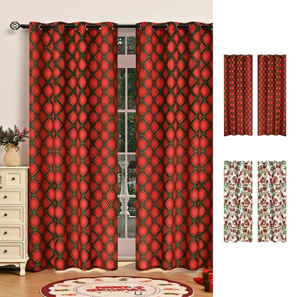 Cortinas de Navidad - Decoración navideña impresa en rojo y blanco con ojales, panel opaco de 53x84 pulgadas para ventana del salón