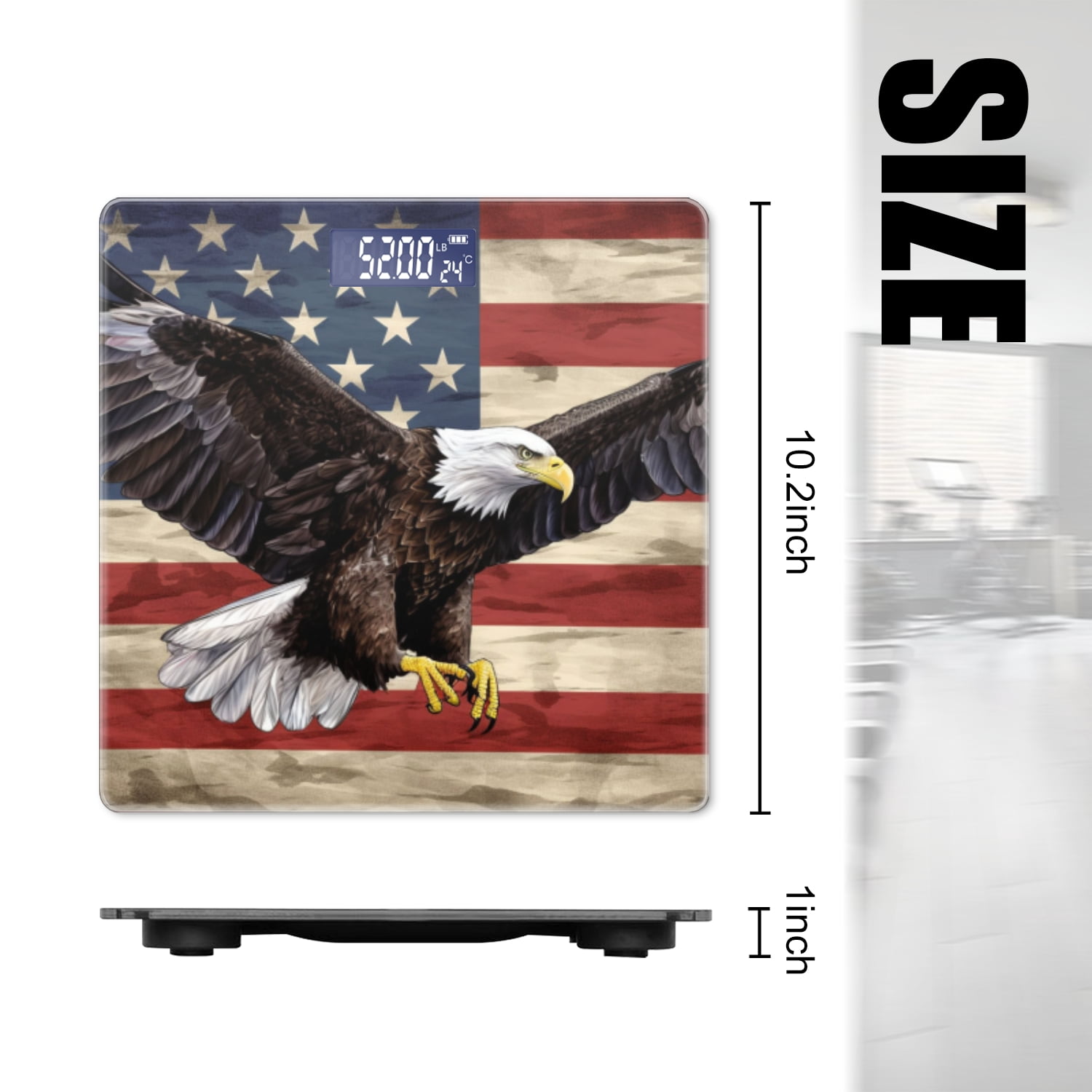 Bathroom Scale, Highly Accurate Digital Body Scale,Precisely Measures Weight up to 400 lbs-Bald Eagle With Spread Wings Flying In Front Of American Flag