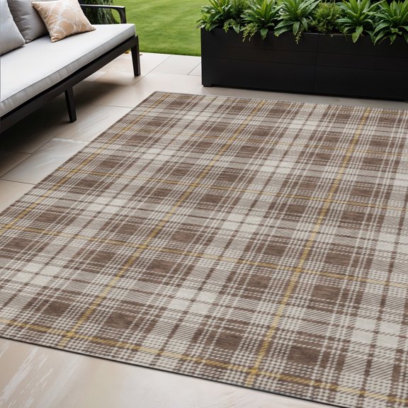 5' X 8' Brown Beige And Gold Plaid Washable Indoor Outdoor Area Rug