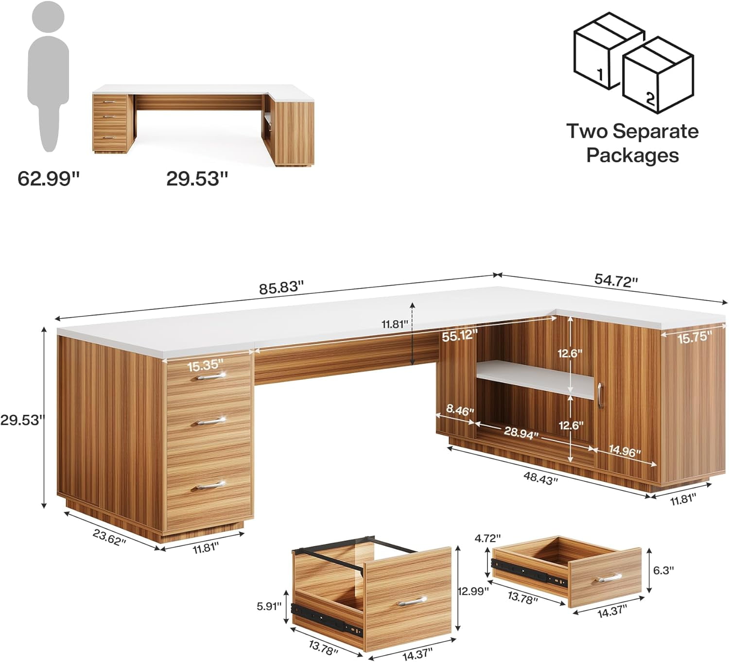 Tribesigns 85.8" L-Shaped Executive Desk, Extra Large Office Desk with File Drawers, Modern Business Furniture with Door Cabinet, Shelves for Home Office, White & Brown