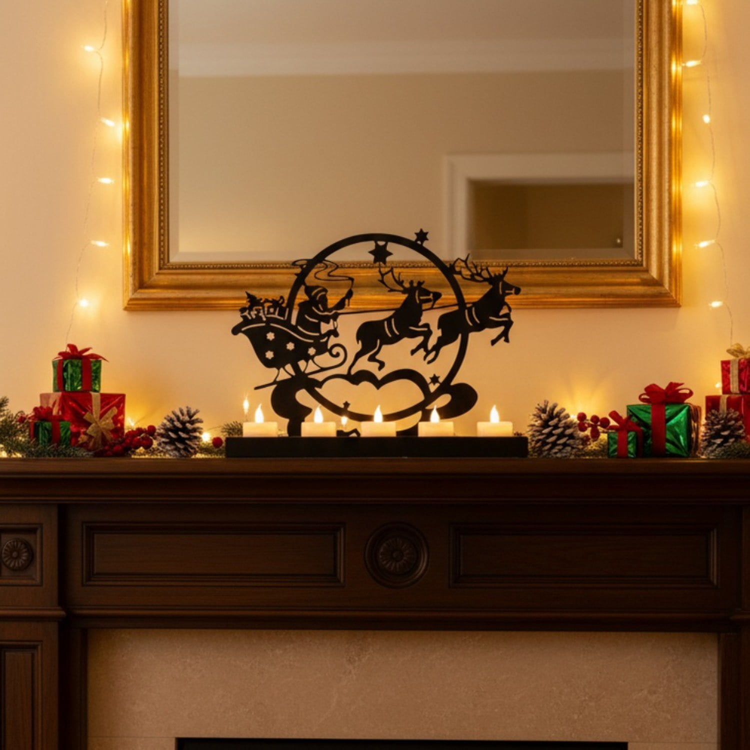 Christmas Metal Sign with Santa and Reindeer Design, Rustic Farmhouse Tabletop and Fireplace Decor