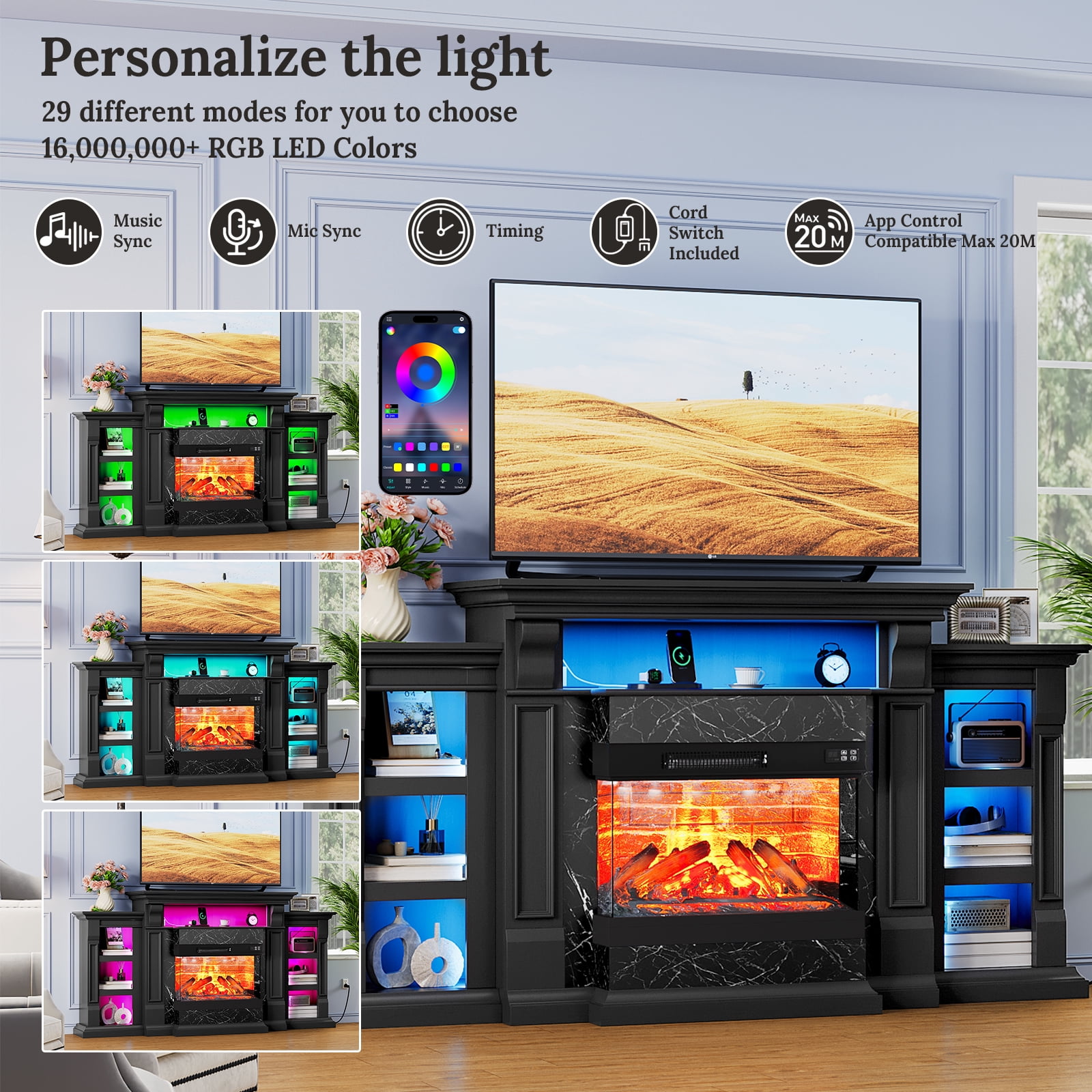 LGHM 72" Fireplace TV Stand with 3-Sided Glass Electric Fireplace & Charging Station & LED Lights for TVs up to 80", Black
