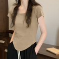 thumbnail image 2 of Women's New Solid Color Round Neck Short Sleeve Low Cut Casual Blouse T-shirt, Comfortable and Stylish V-neck Top for Everyday Wear, Perfect for Casual Outings and Relaxed Occasions, 2 of 3