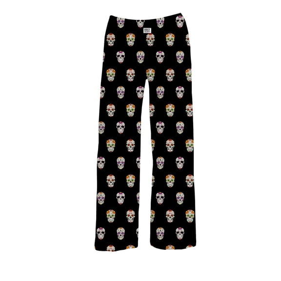 Womens Sugar Skulls Lounge Pants - Day of the Dead Black Pajama Bottoms by American Mills - 2X