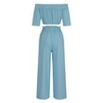 thumbnail image 4 of ZZwxWA Summer Women 2 Piece Outfits Off Shoulder Ruffle Crop Top and Wide Leg Pants Lounge Sets Sexy Denim Tracksuits, 4 of 5