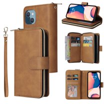 Feishell for Apple iPhone 14 Plus (6.7 inch) Wallet Case for Women Men,Premium PU Leather Magnetic Clasp Zipper 9 Card Slots Folio Flip Holder Shockproof Purse Phone Case with Wrist Strap,Brown