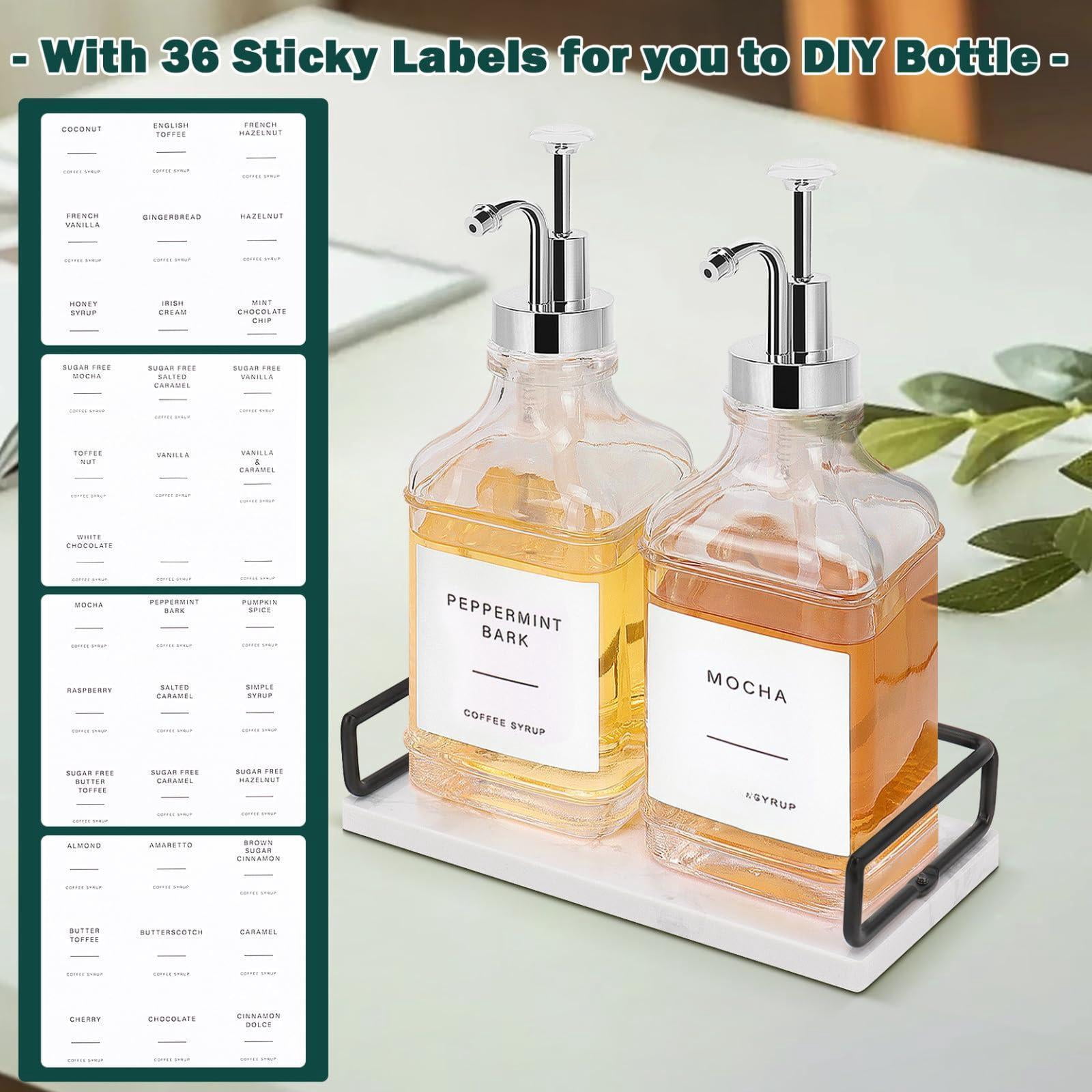Coffee Syrup Dispenser For Bar  Clear Glass Bottles With Pump Refillable Maple Storage Station Accessories And Organizer 500ml Set Of 2 + Tray (chrome Finish)