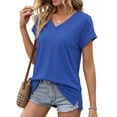 thumbnail image 3 of MOSHU V Neck T-Shirts for Womens Side Split Short Sleeve Shirts Loose Fit Tee Dressy Casual Women Tops, 3 of 12