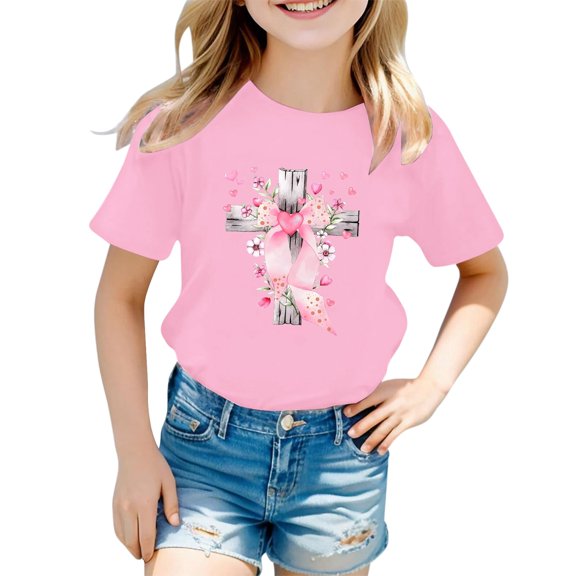 FINALGANG Girls Kids Black Short Sleeve Easter TShirts Easter Cross Floral Heart Graphic Print Crewneck Relaxed Fit Casual Tees For Holiday Daily Casual Wear Pink 5-6 Years