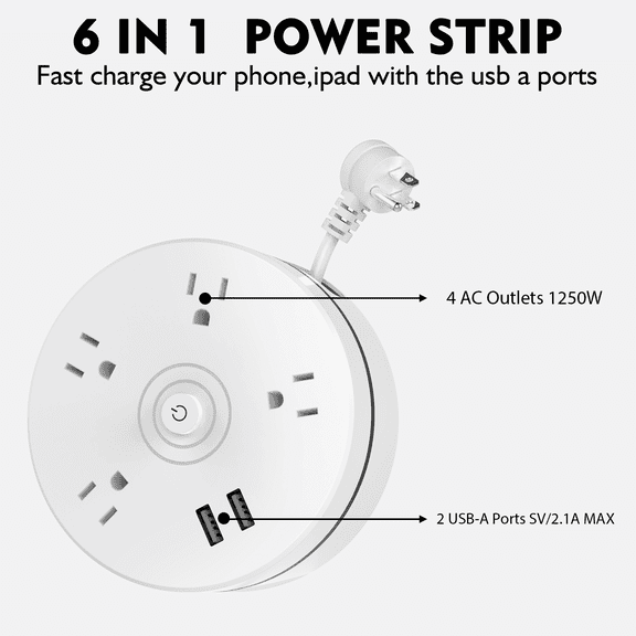 HITRENDS 6-in-1 power strip with 4 Outlets 4 USB Fast Charging  6-foot Retractable Extension Cord