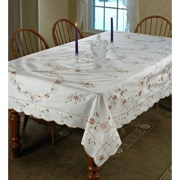 Renaissance Design Tablecloth White / Cream embroidered 70" X 88"