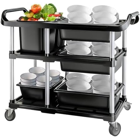 3 Tier Rolling Restaurant Service Cart, Heavy Duty Multi-Function Utility Cart, with 4 Basin 2 Barrels, Commercial Food Cart, Suitable for Restaurant, Hotel, Kitchen.$$Office