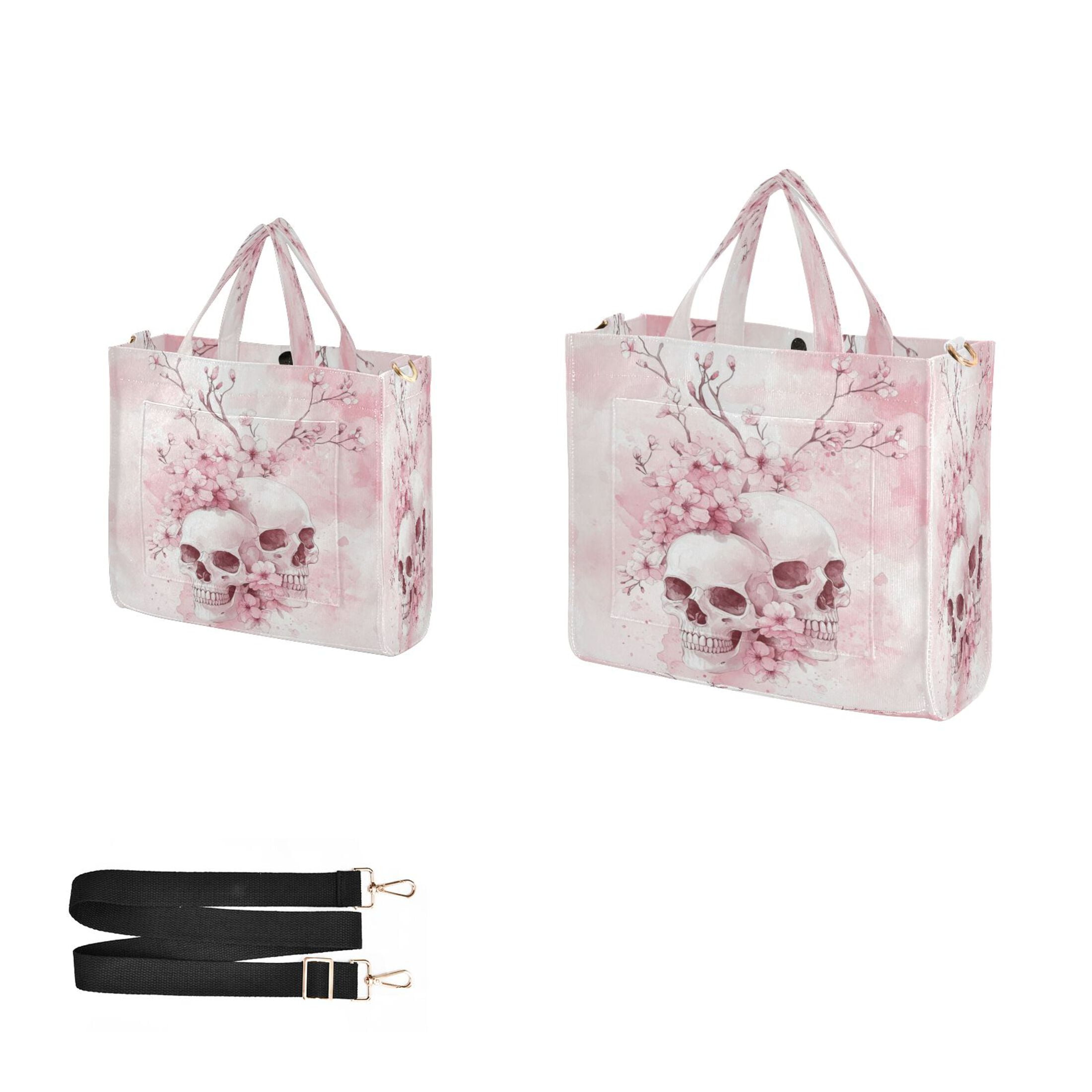 Wobogo Pink Skulls Corduroy Tote Bag for Women Travel Crossbody Bag Purse Women Shoulder Bags Work Handbags Daily Commuter Bag 13.7×12.2inch
