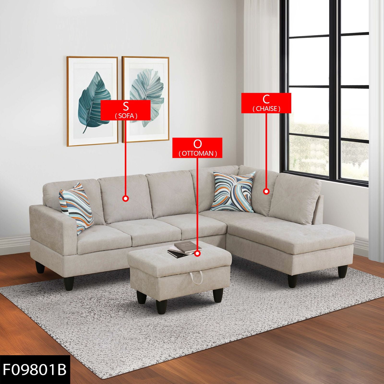 3-Piece L-Shaped Sectional Sofa with Movable Chaise & Storage Ottoman, Flannelette Living Room Modular Convertible Couches Set for Home Apartment Office, Off-White