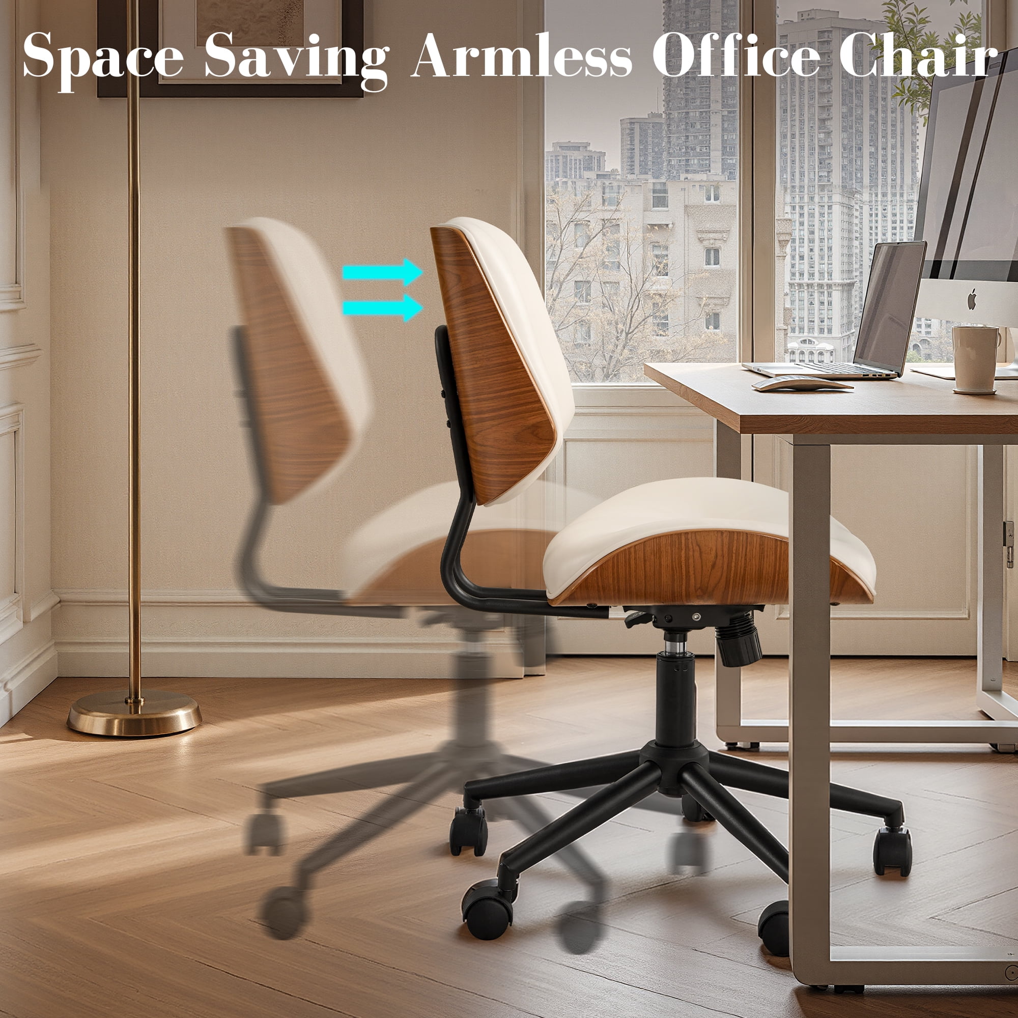 Toject Office Chair, Task Chair with Wooden Back, Mid-Century Modern Computer Chair, Armless Desk Chair for Home Office, Black
