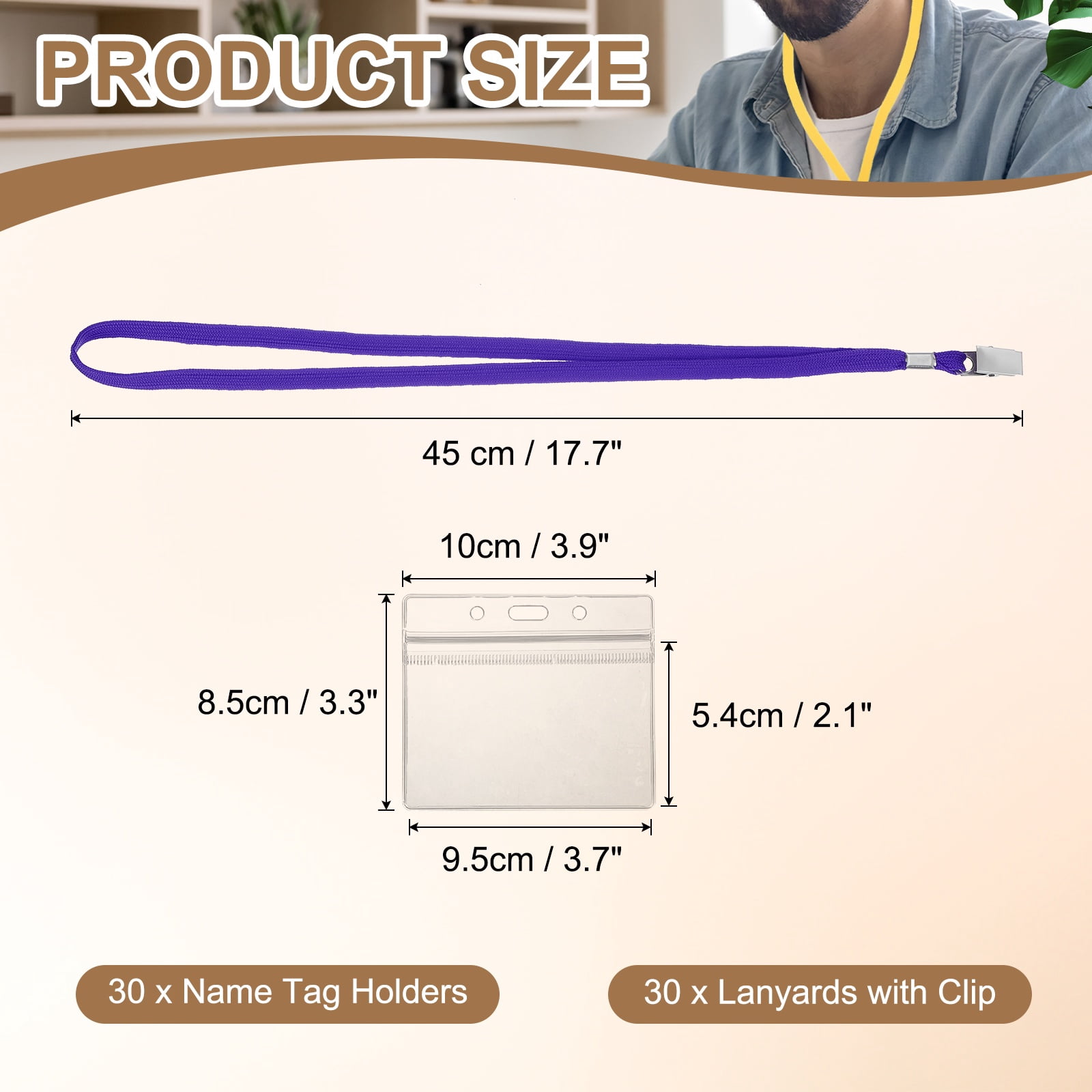 Uxcell 30 Set Name Tag Holders with Lanyard, Plastic Waterproof Horizontal Badge Holder with Alligator Clip Lanyards for ID Badges Office Teacher Events Meetings, Purple(4x2 Inch)